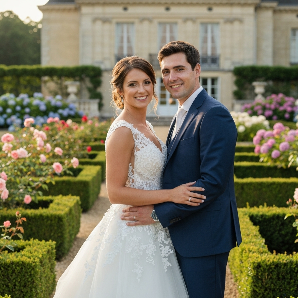 Wedding portrait in chateau gardens